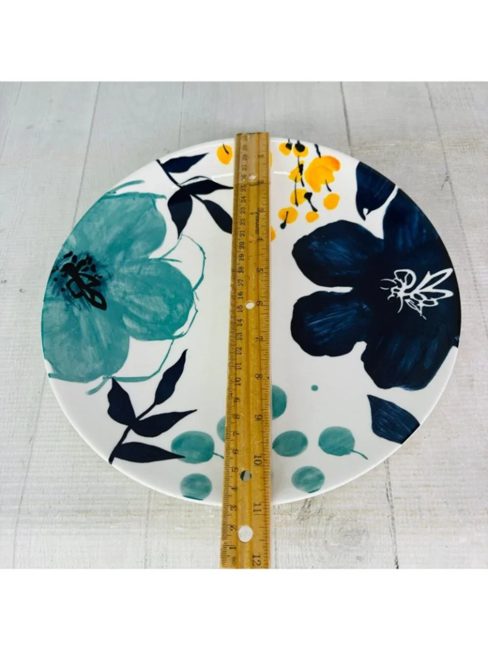 Baum Brothers BELLA FLORAL Indigo Turquoise Yellow Floral Dinner Plates Set of 4